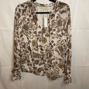 LOFT Women's Floral Print Blouse - Cream and Brown